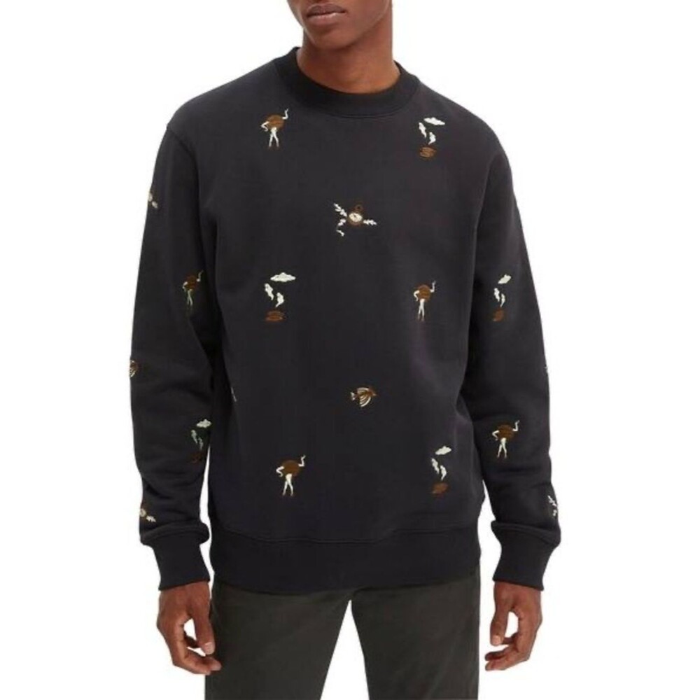 Scotch & Soda Men's Black Obscure Embroidered Crew Neck Sweatshirt Size Medium